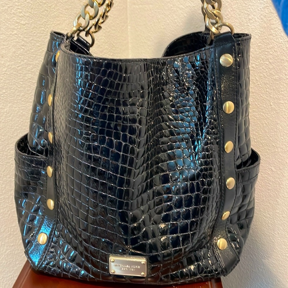 Michael Kors Black and Gold Croc-Textured Shoulder Bag